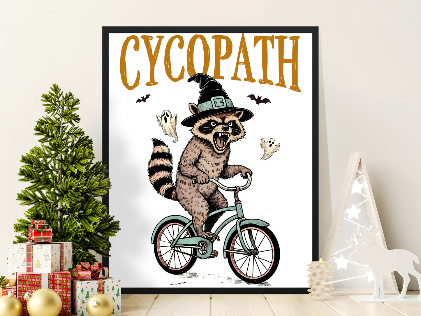 Cyclist Raccoon Witch Hat Halloween Humor Poster product
