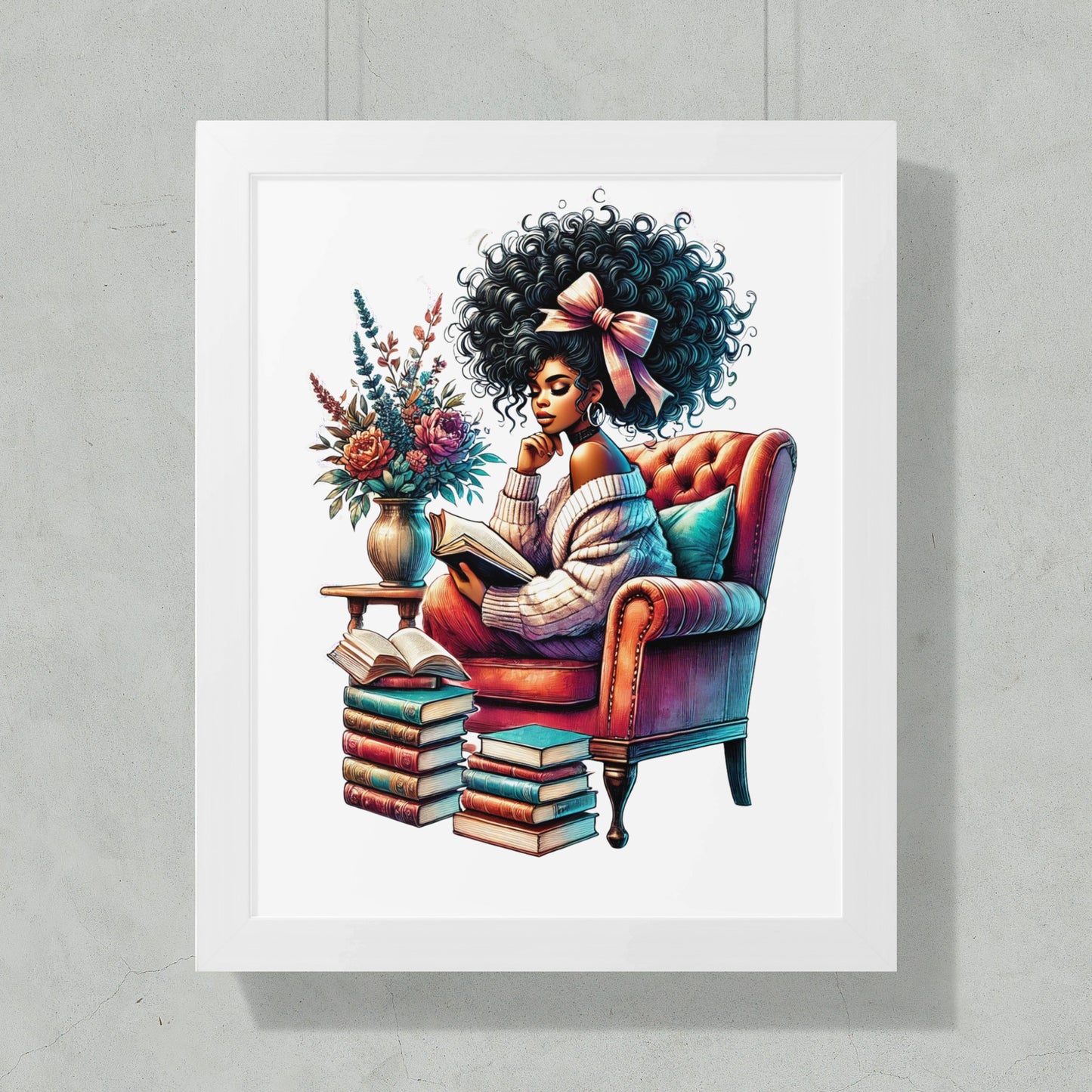 Elegant Curly-Haired Woman Reading Poster product