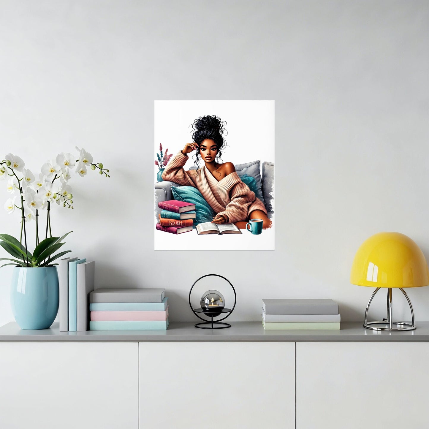 Cozy Woman Reading with Books and Coffee product type