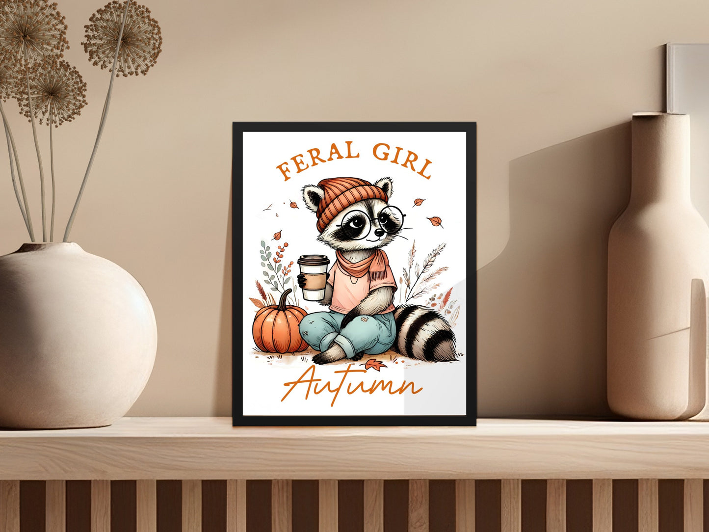 Feral Girl Autumn Racoon Art Print for Home Decor product