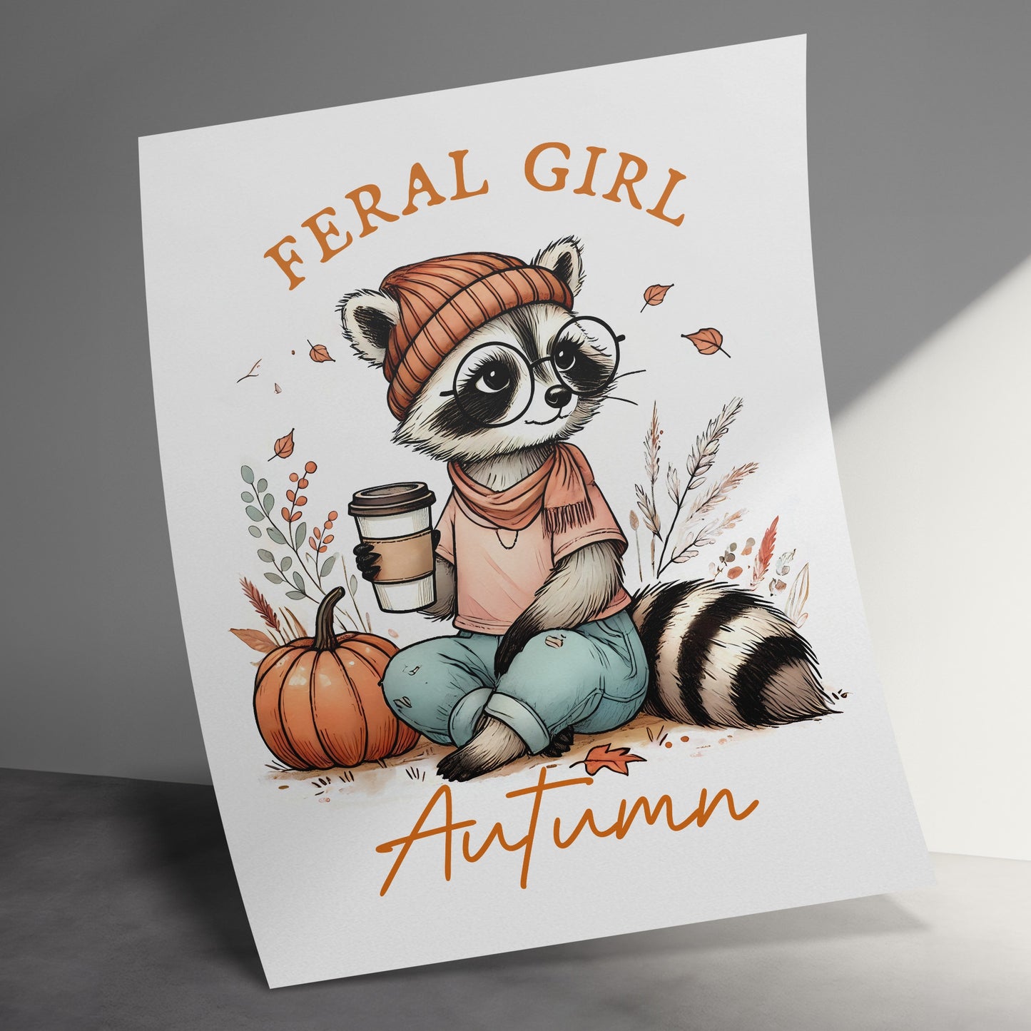 Feral Girl Autumn Raccoon Cozy Autumn Decor Print product type