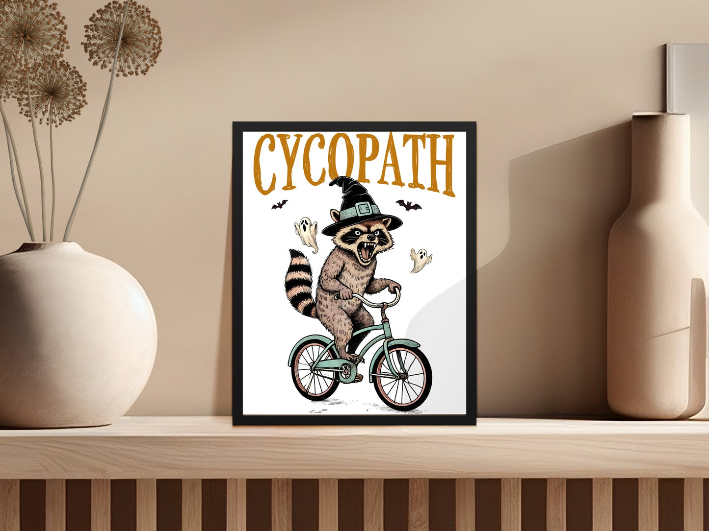 Quirky Cyclist Raccoon Art Print Halloween Decor product type