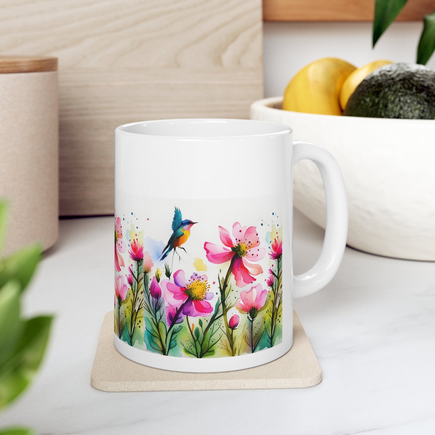 Floral Coffee Mug, Pressed Pink Watercolor Wildflowers Ceramic Mug 11oz, Coffee Mug Gift