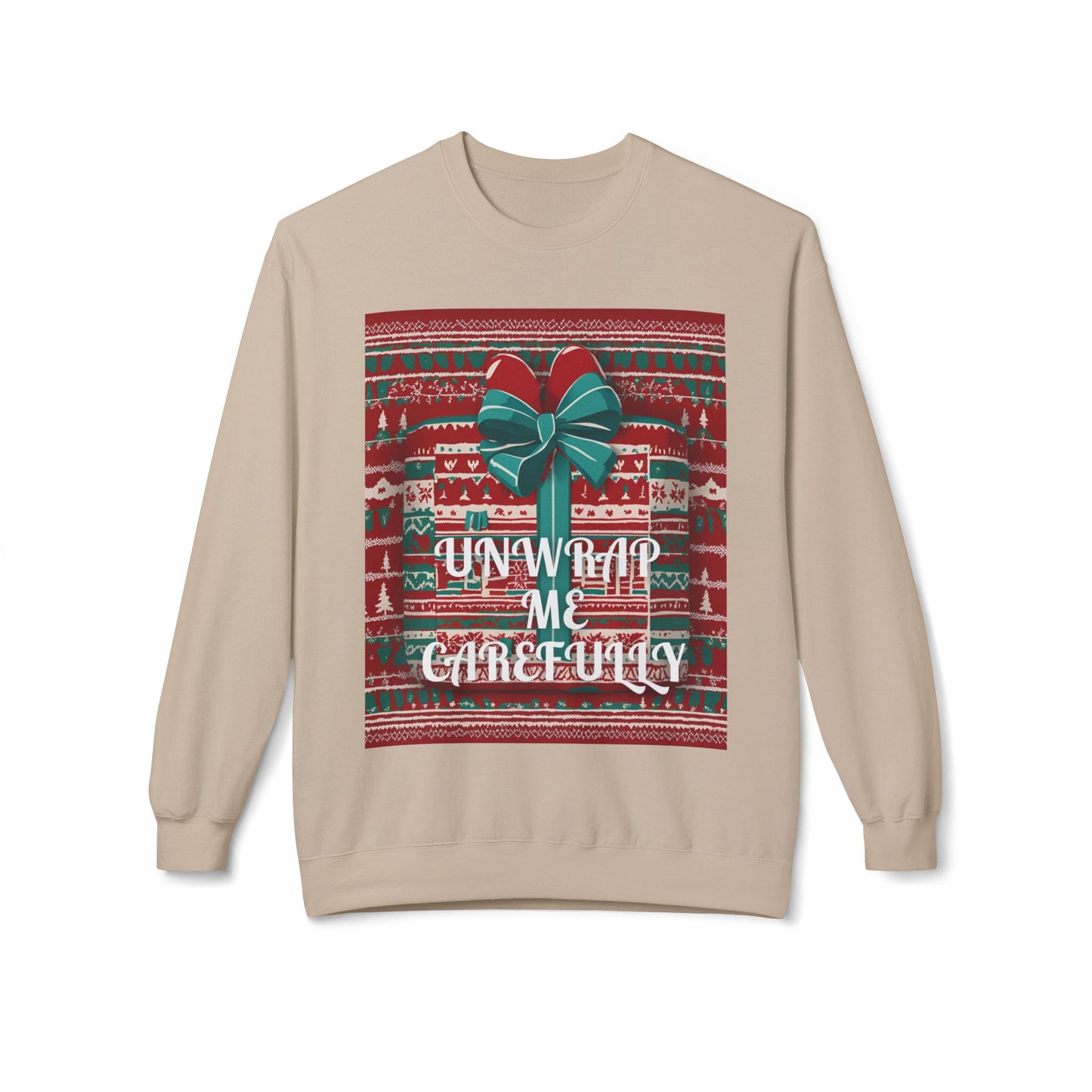 Ugly Christmas Sweatshirt Unwrap Carefully, Funny Holiday Jumper Crewneck, Xmas Gift Box Design, Warm Winter Pullover, Festive Apparel