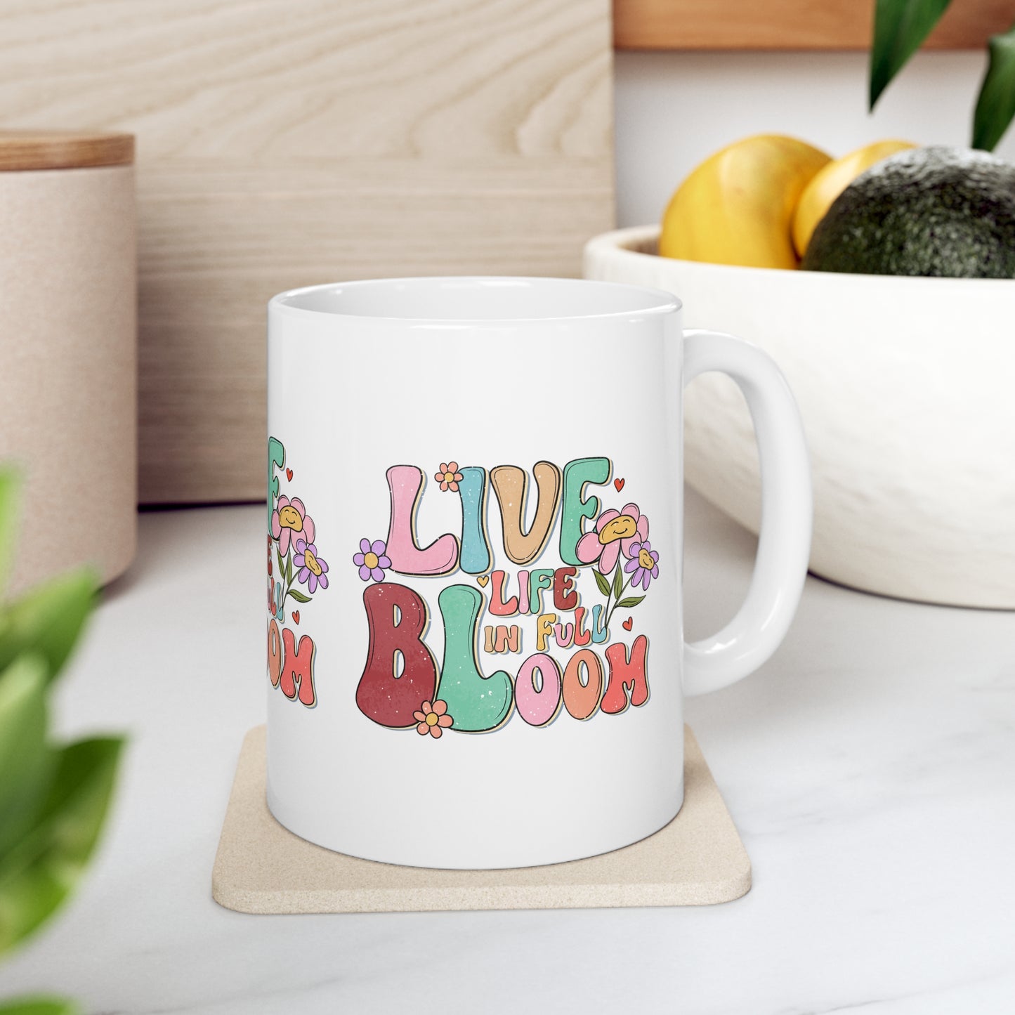 Cute Vintage Motivational Ceramic Coffee Mug 11oz, Live Life In Full Bloom