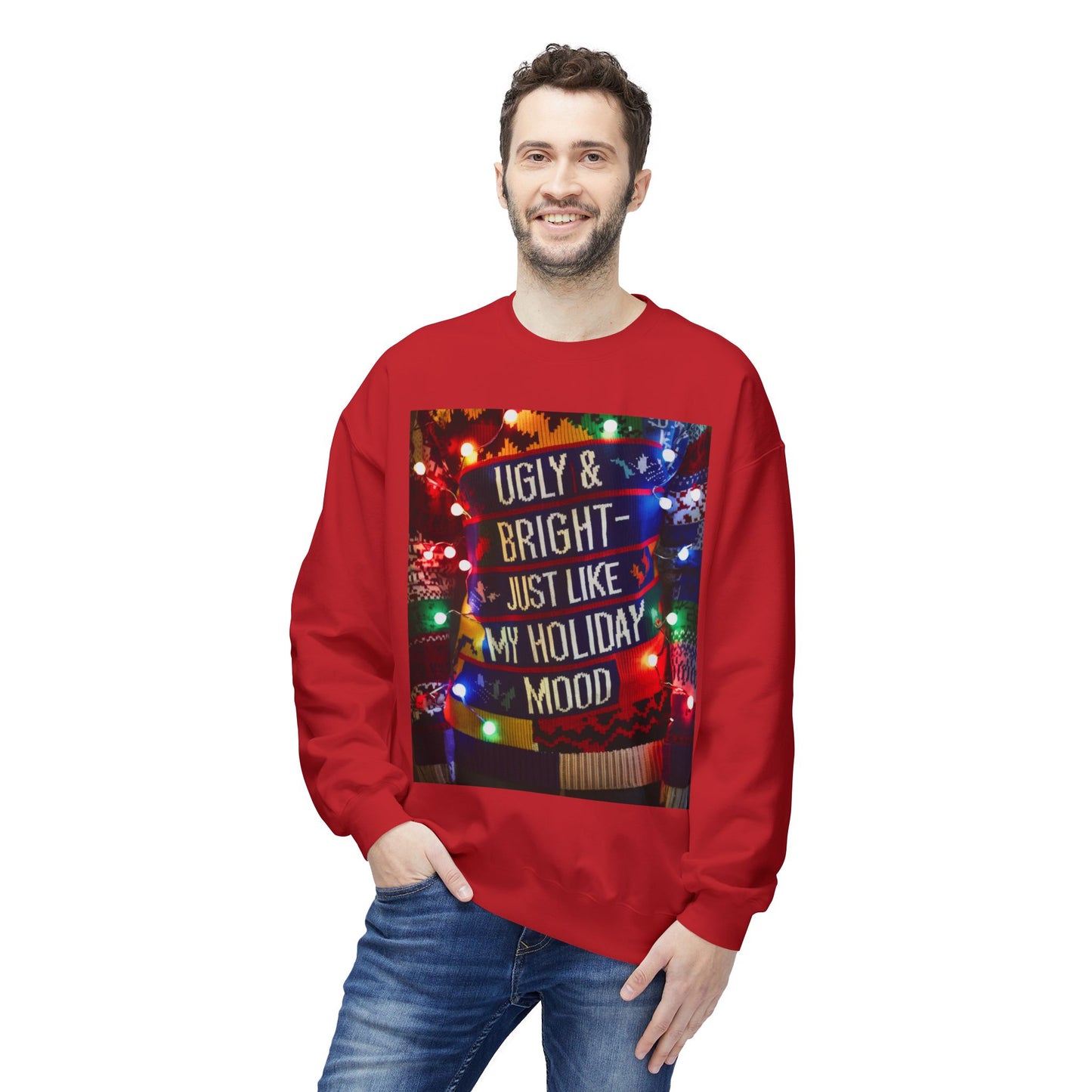 Ugly Christmas Sweatshirt - Ugly and Bright Holiday Mood - Unisex Midweight Softstyle Fleece Crewneck, Festive Jumper, Funny Xmas Sweater,