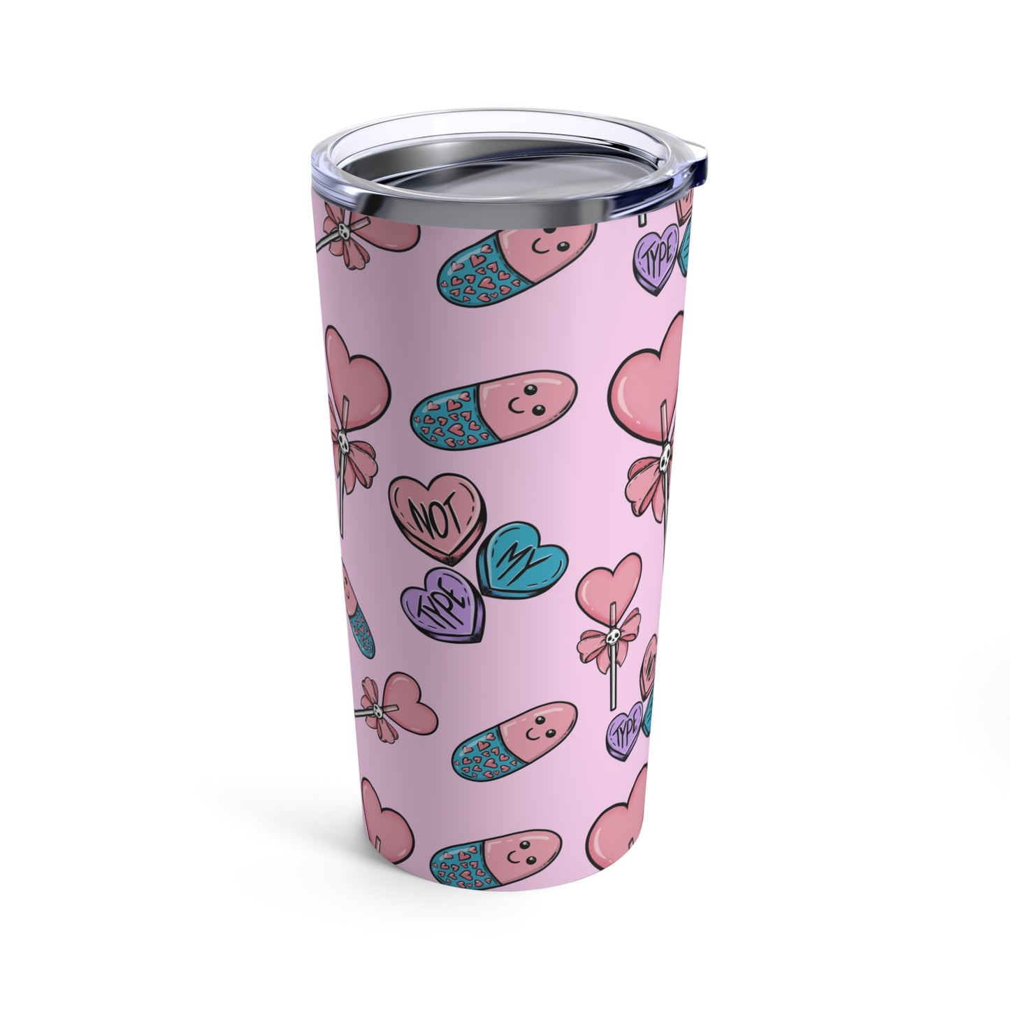 Pink Pastel Goth Valentine's Day Tumbler 20oz Sublimation, Cute Candy Hearts Goth
