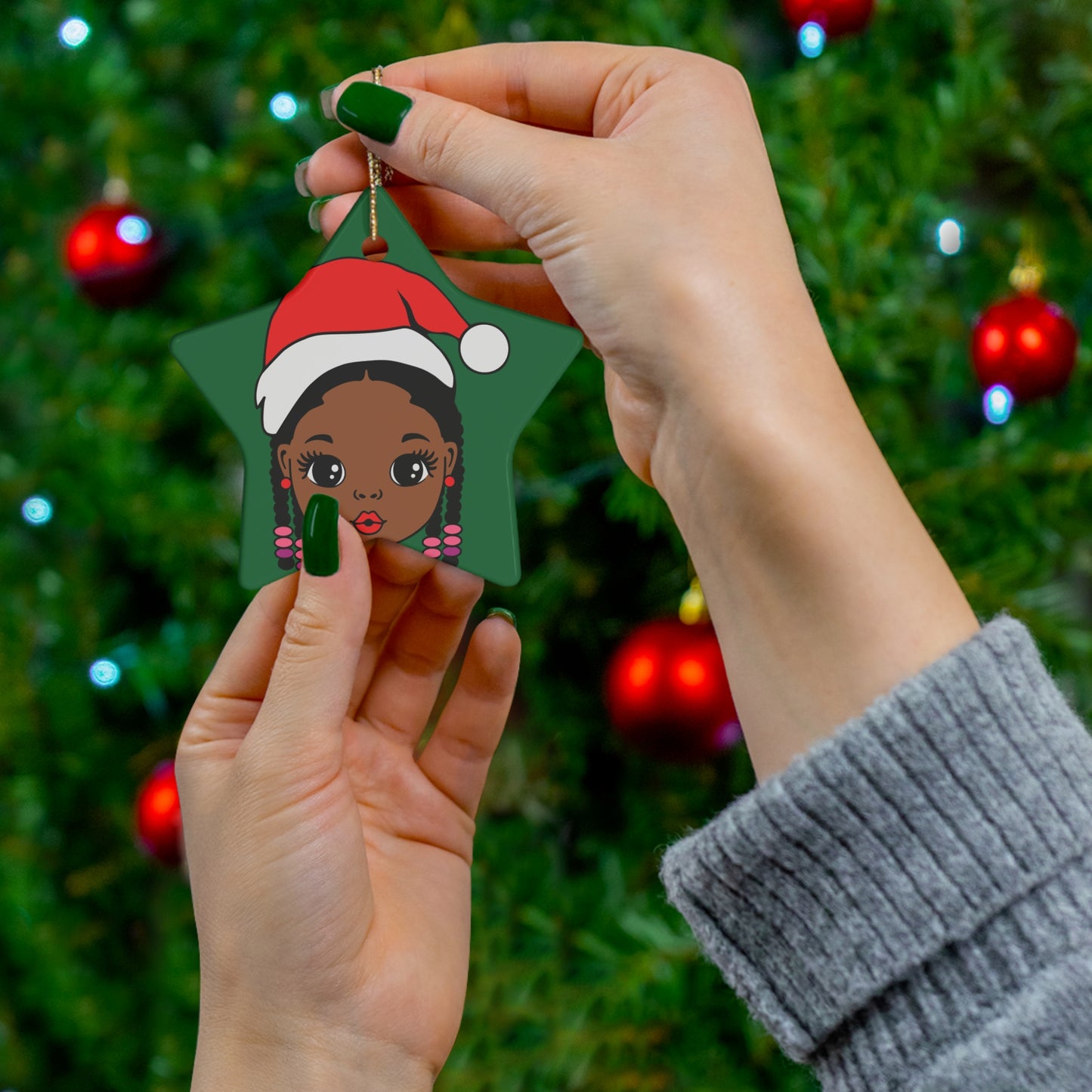 Cute Black Girl Ceramic Christmas Ornament, African American Tree Ornament,