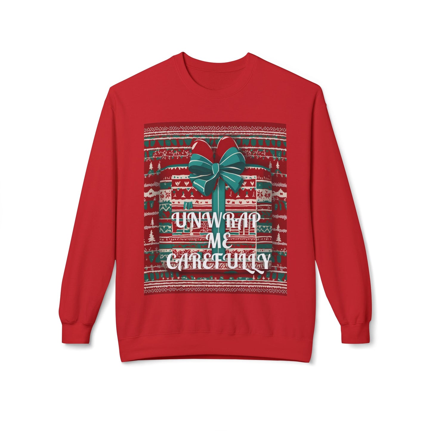 Ugly Christmas Sweatshirt Unwrap Carefully, Funny Holiday Jumper Crewneck, Xmas Gift Box Design, Warm Winter Pullover, Festive Apparel