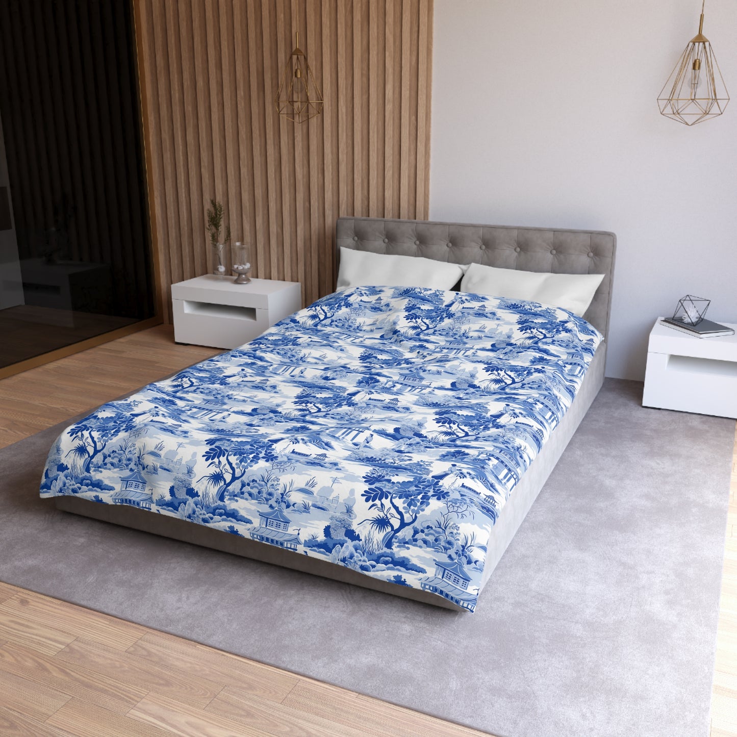 Blue Chinoiserie Duvet Cover, French Toile Bedding, Microfiber Bedspread, Bedroom Decor, Home Textile