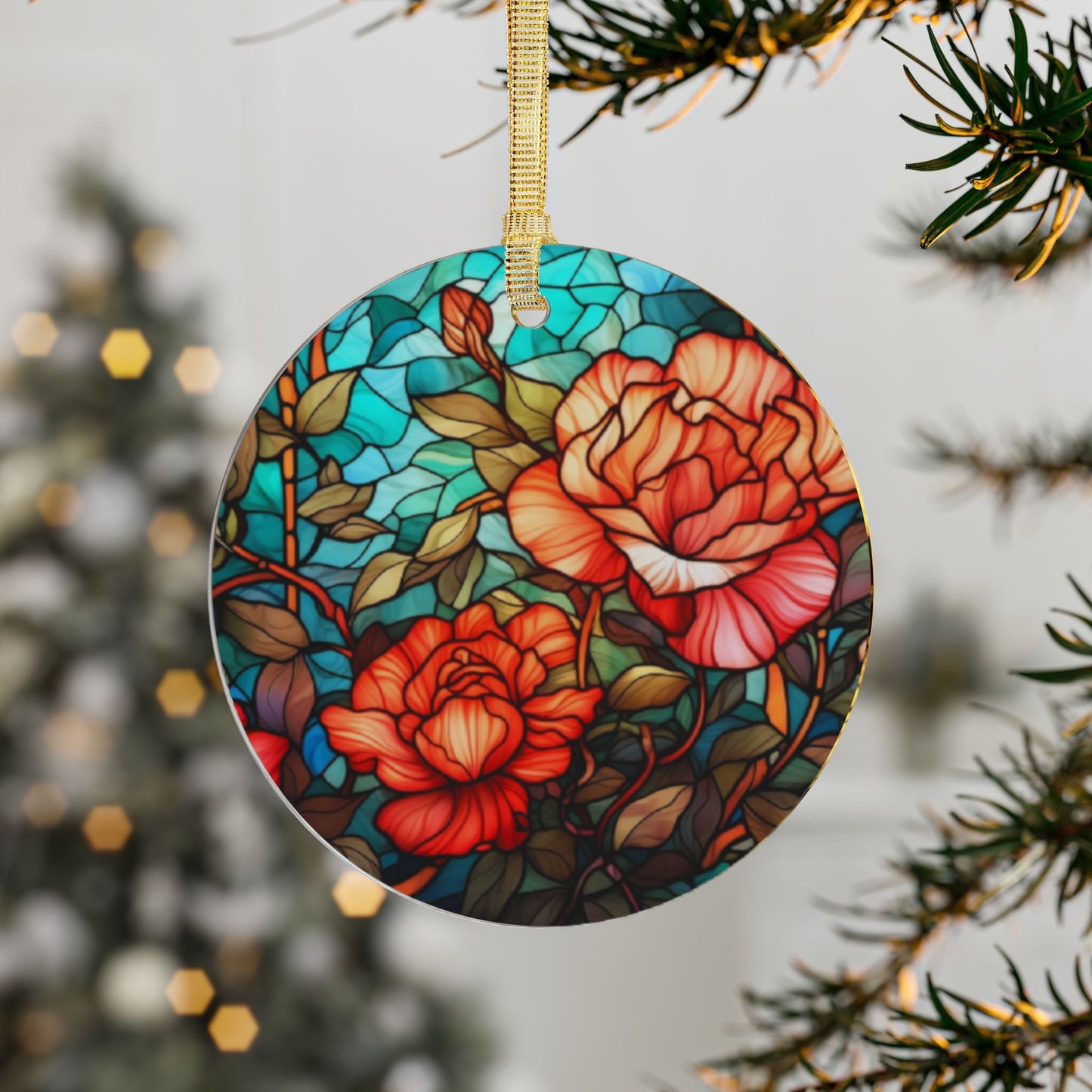 Rose Stain Glass Ornaments Christmas Decor