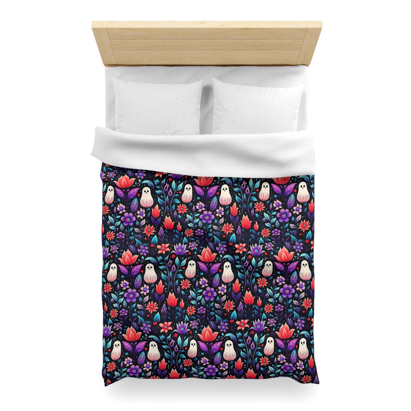 Whimsical Ghost Floral Duvet Cover, Cute Nature Inspired Bedding, Cozy