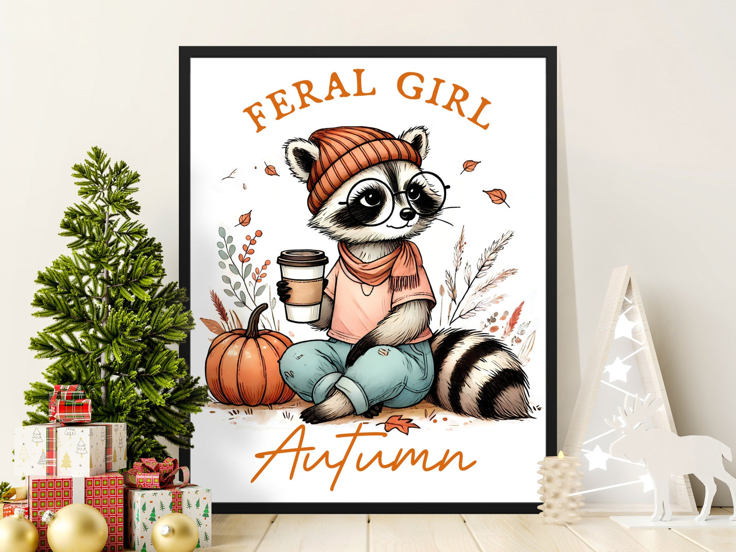 Feral Girl Autumn Raccoon Framed Wall Art Decor product type