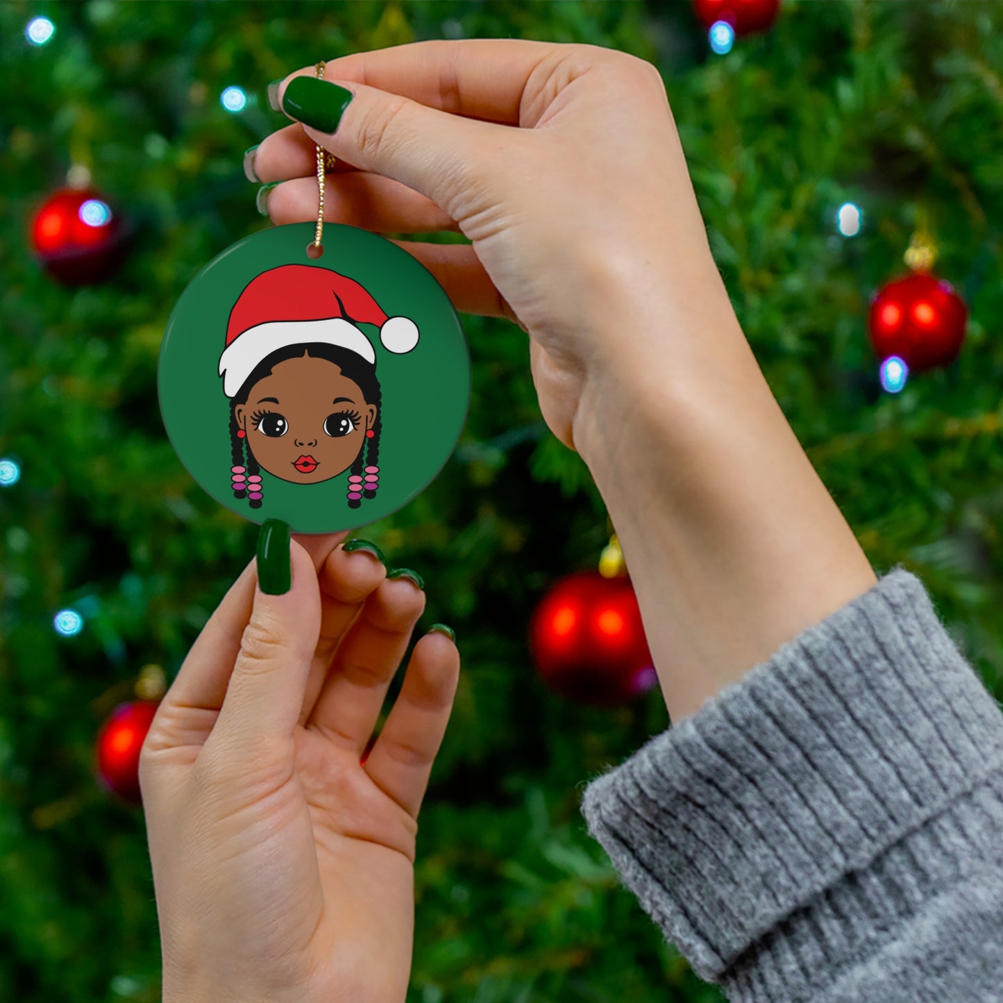 Cute Black Girl Ceramic Christmas Ornament, African American Tree Ornament,