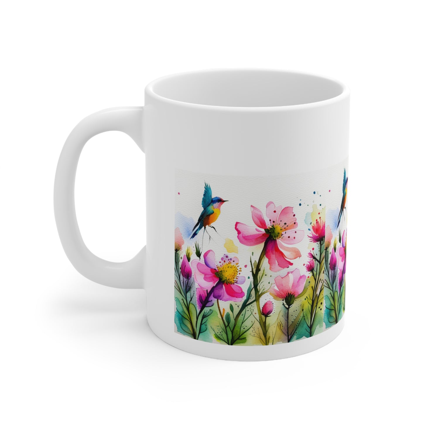 Floral Coffee Mug, Pressed Pink Watercolor Wildflowers Ceramic Mug 11oz, Coffee Mug Gift