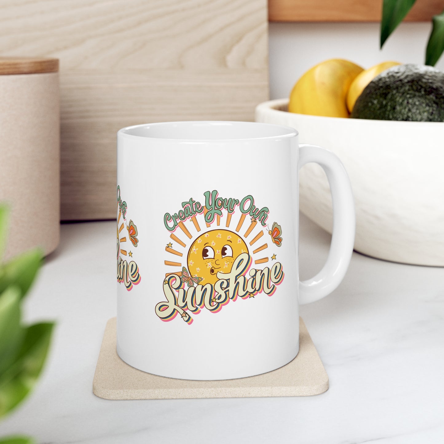 Cute Vintage Coffee Mug 11oz, Motivational Ceramic Cup, Create Your Own Sunshine