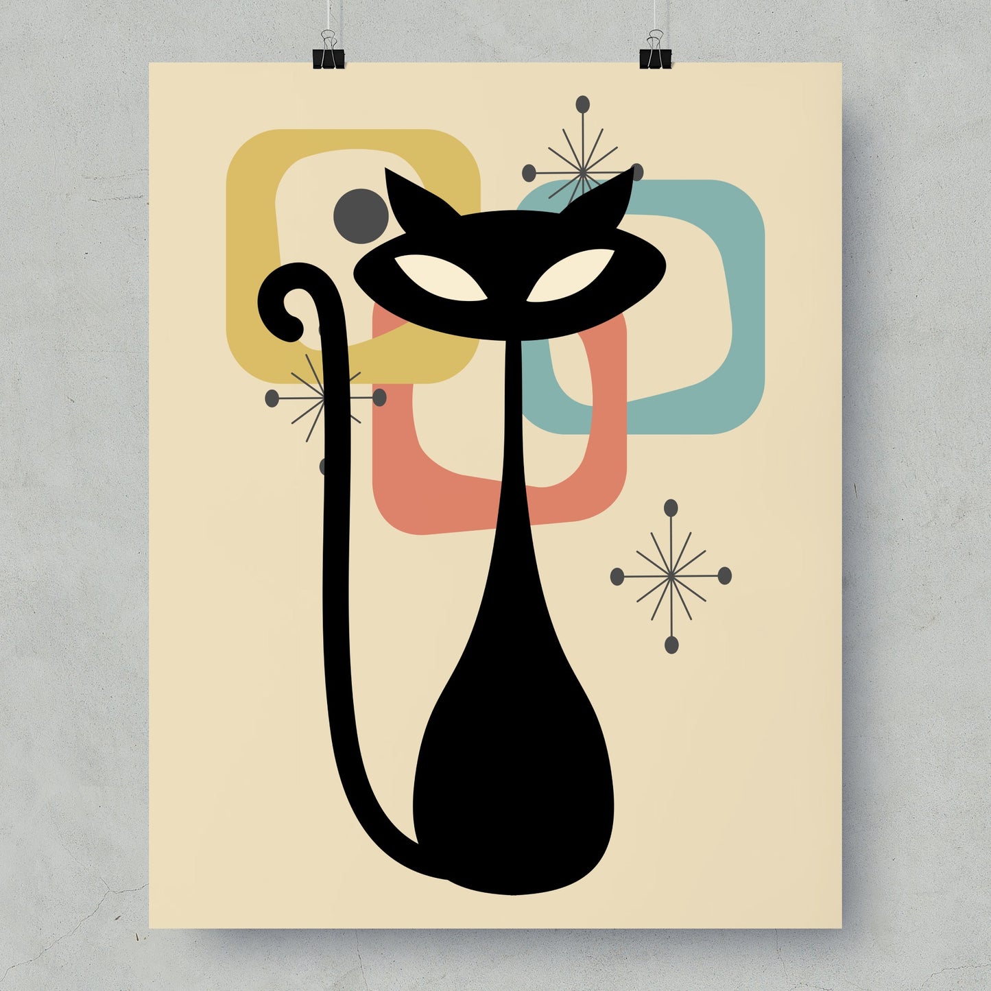 Retro Cat Art Print with Geometric Background product
