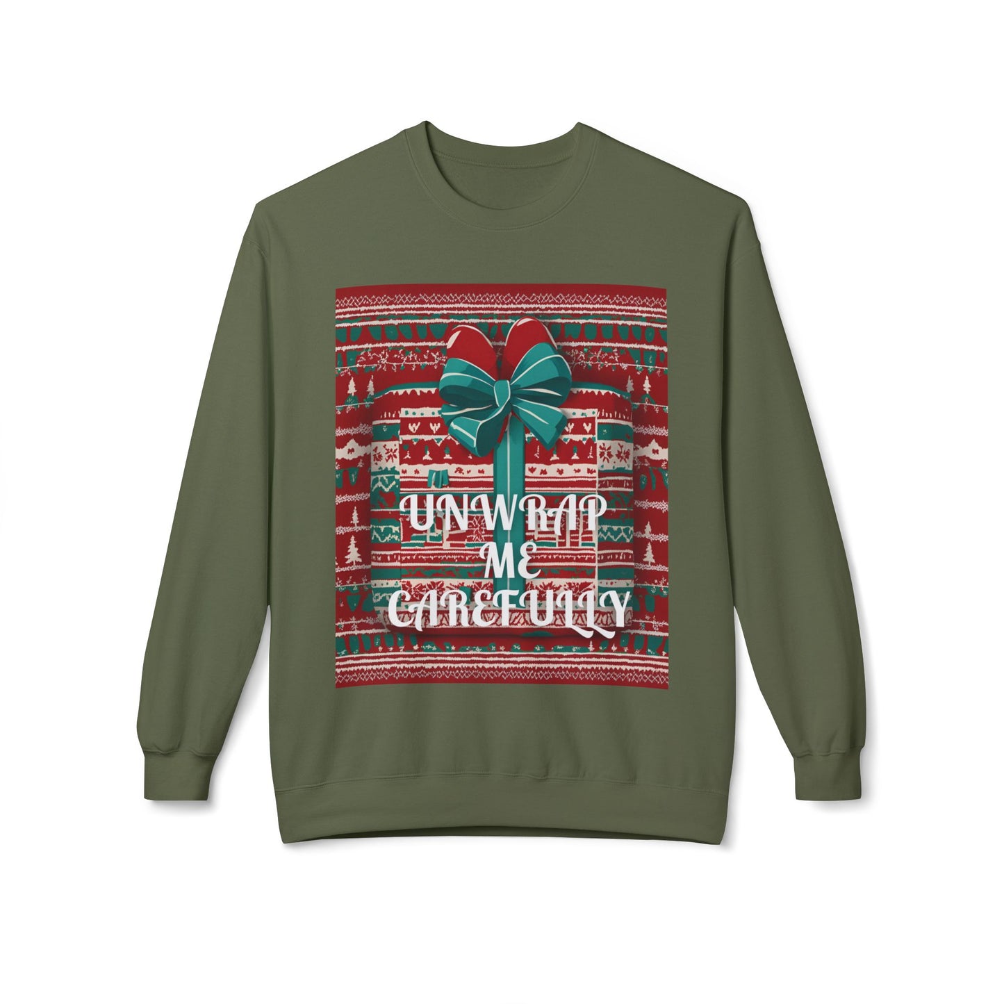 Ugly Christmas Sweatshirt Unwrap Carefully, Funny Holiday Jumper Crewneck, Xmas Gift Box Design, Warm Winter Pullover, Festive Apparel