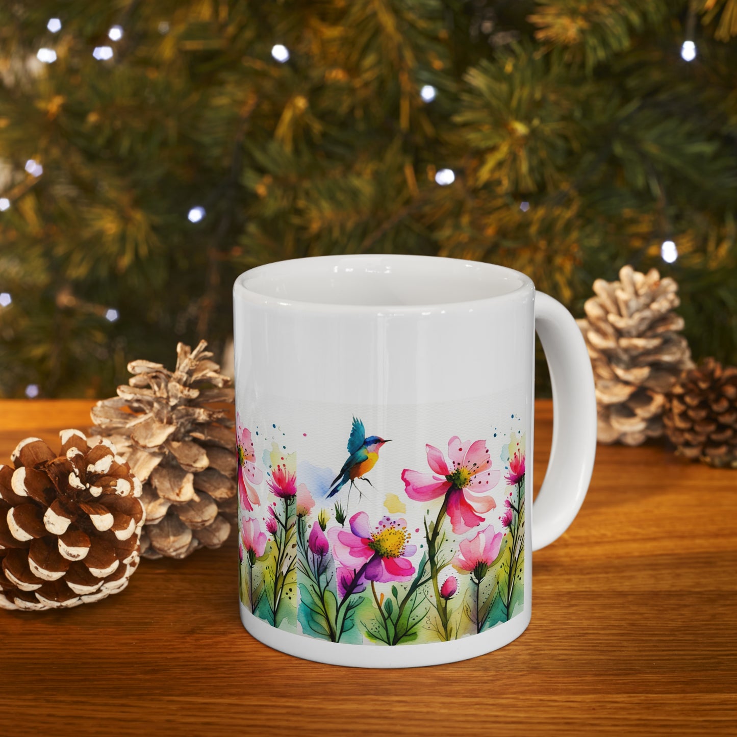 Floral Coffee Mug, Pressed Pink Watercolor Wildflowers  Ceramic Mug 11oz,