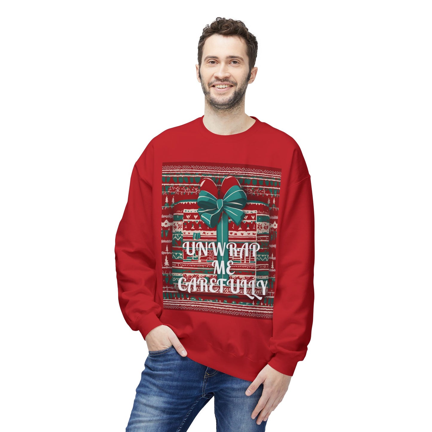 Ugly Christmas Sweatshirt Unwrap Carefully, Funny Holiday Jumper Crewneck, Xmas Gift Box Design, Warm Winter Pullover, Festive Apparel