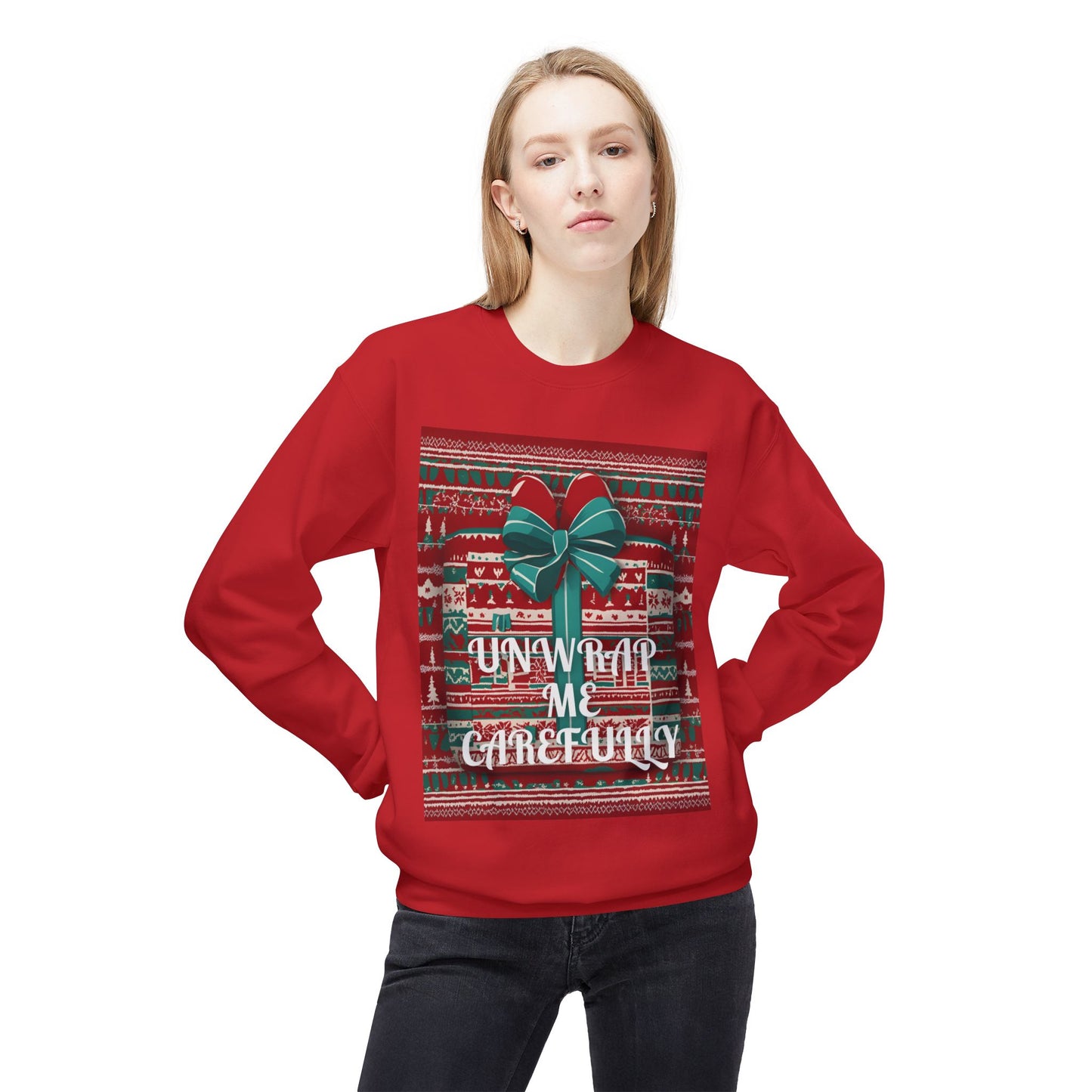 Ugly Christmas Sweatshirt Unwrap Carefully, Funny Holiday Jumper Crewneck, Xmas Gift Box Design, Warm Winter Pullover, Festive Apparel
