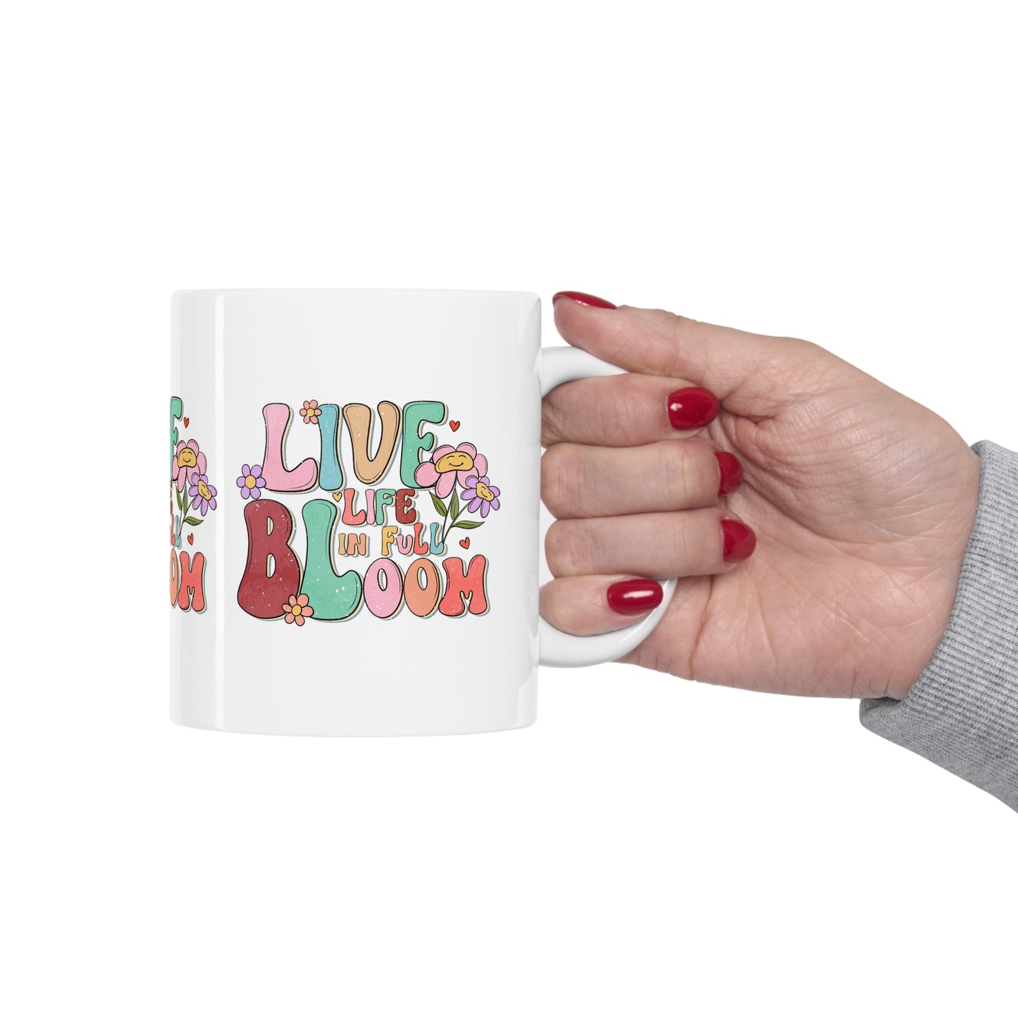 Cute Vintage Motivational Ceramic Coffee Mug 11oz, Live Life In Full Bloom
