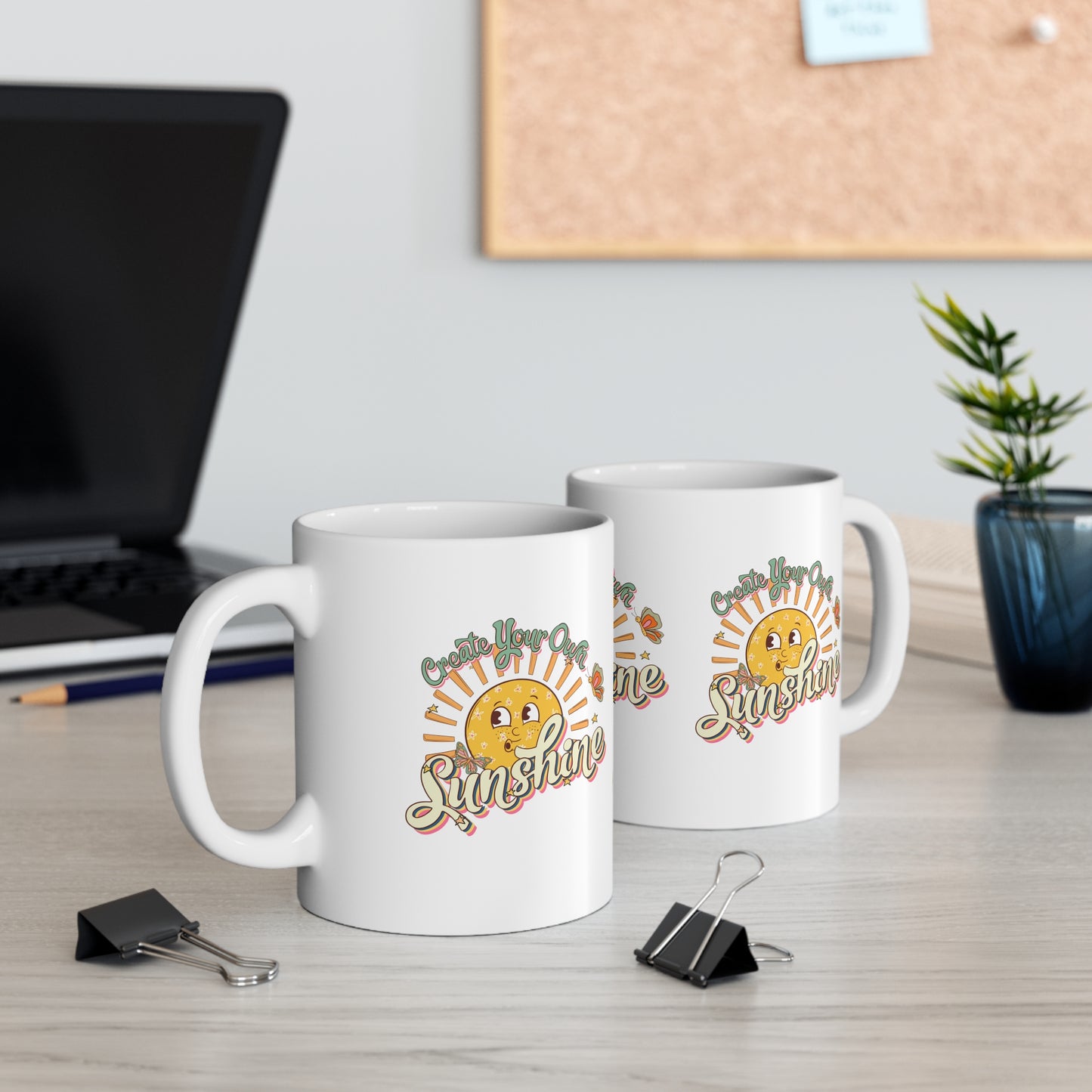 Cute Vintage Coffee Mug 11oz, Motivational Ceramic Cup, Create Your Own Sunshine