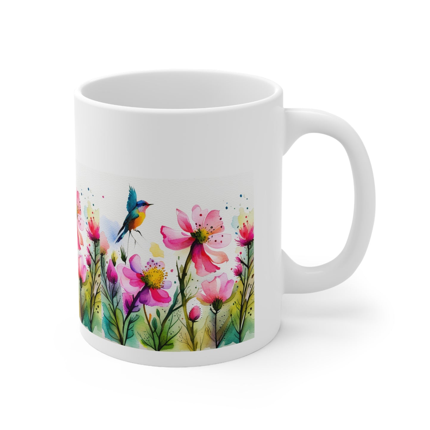 Floral Coffee Mug, Pressed Pink Watercolor Wildflowers Ceramic Mug 11oz, Coffee Mug Gift