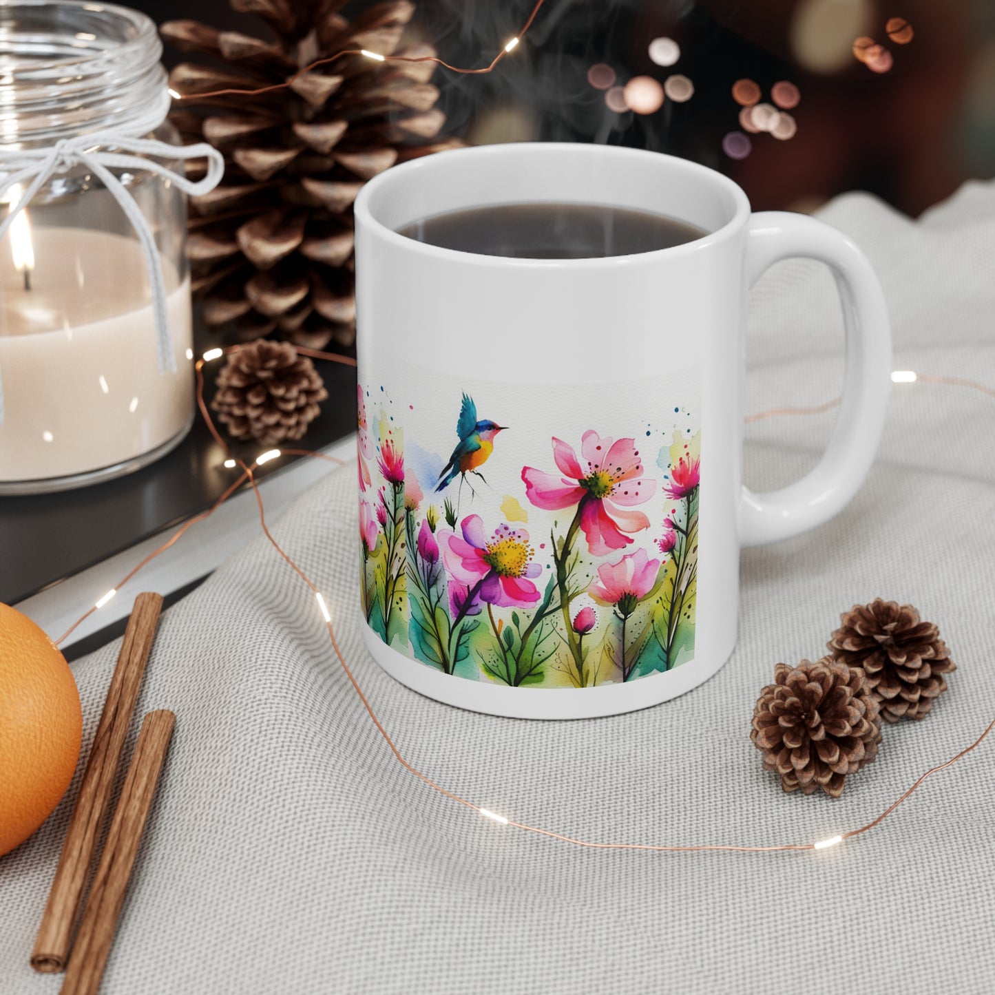 Floral Coffee Mug, Pressed Pink Watercolor Wildflowers Ceramic Mug 11oz, Coffee Mug Gift