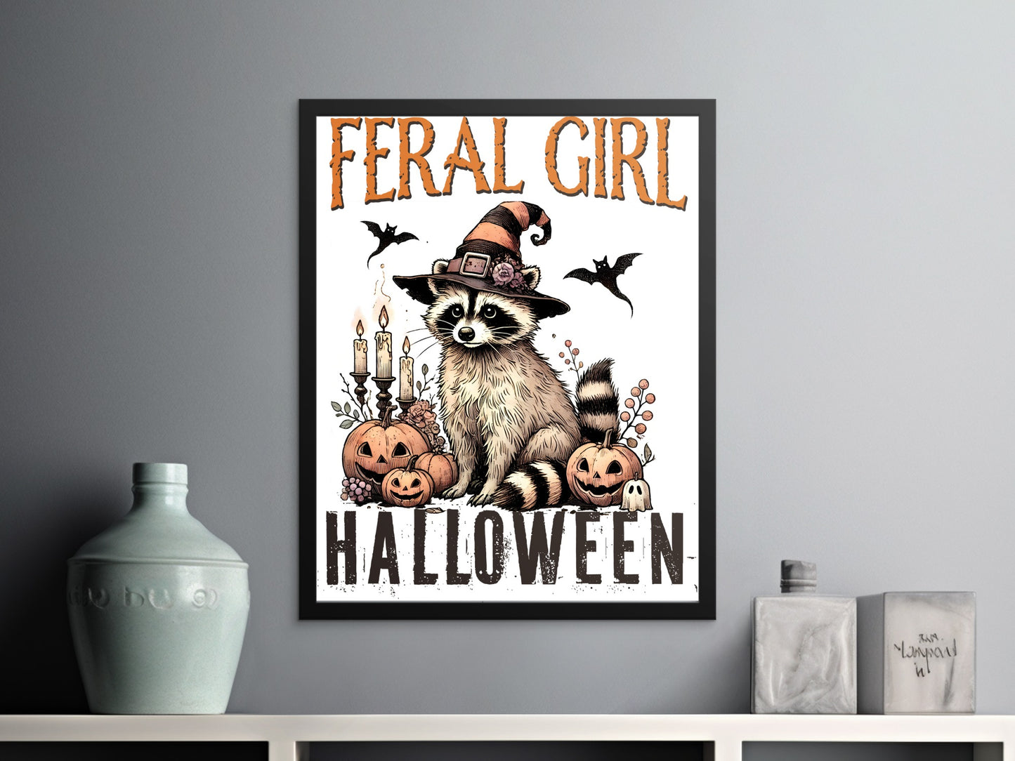 Feral Girl Halloween Poster with Raccoon Art Product