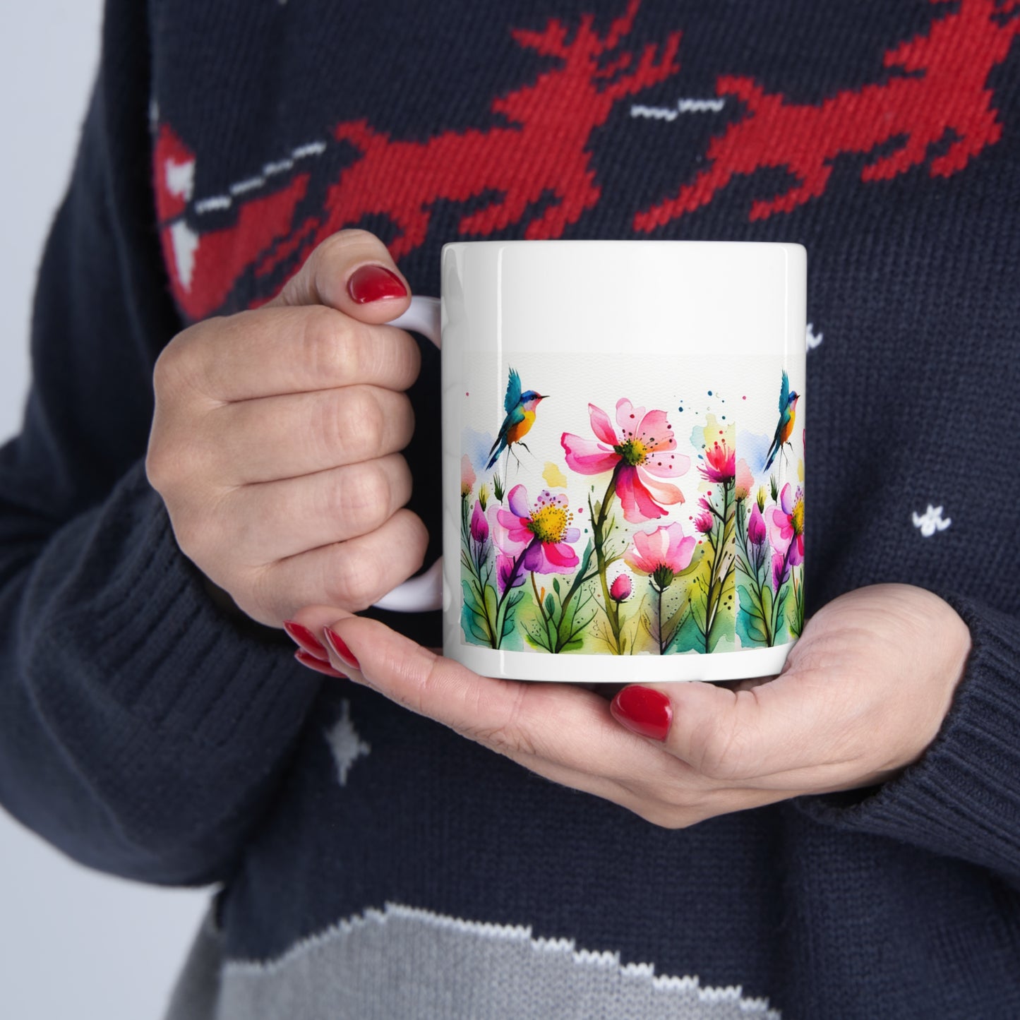 Floral Coffee Mug, Pressed Pink Watercolor Wildflowers Ceramic Mug 11oz, Coffee Mug Gift