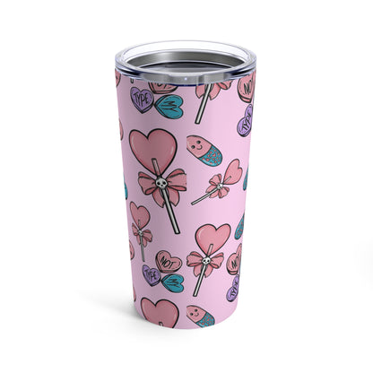 Pink Pastel Goth Valentine's Day Tumbler 20oz Sublimation, Cute Candy Hearts Goth