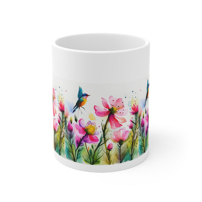 Floral Coffee Mug, Pressed Pink Watercolor Wildflowers  Ceramic Mug 11oz,
