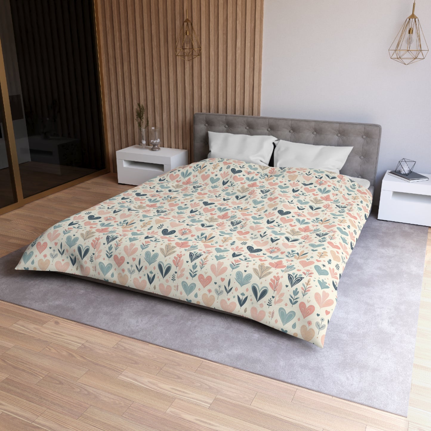 Heart Pattern Duvet Cover, White Pink and Blue Duvet, Cute Heart Bedding, Cozy Heart Design, Bedroom Decor, Twin Full Queen King Sizes