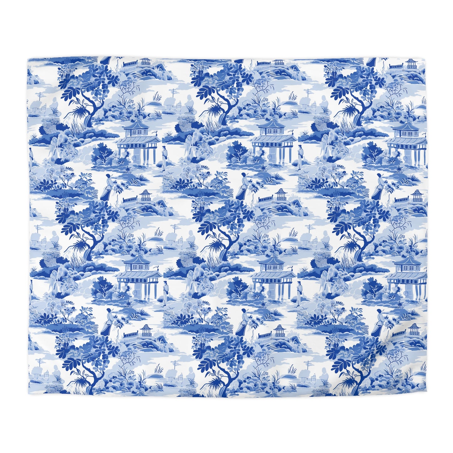 Blue Chinoiserie Duvet Cover, French Toile Bedding, Microfiber Bedspread, Bedroom Decor, Home Textile