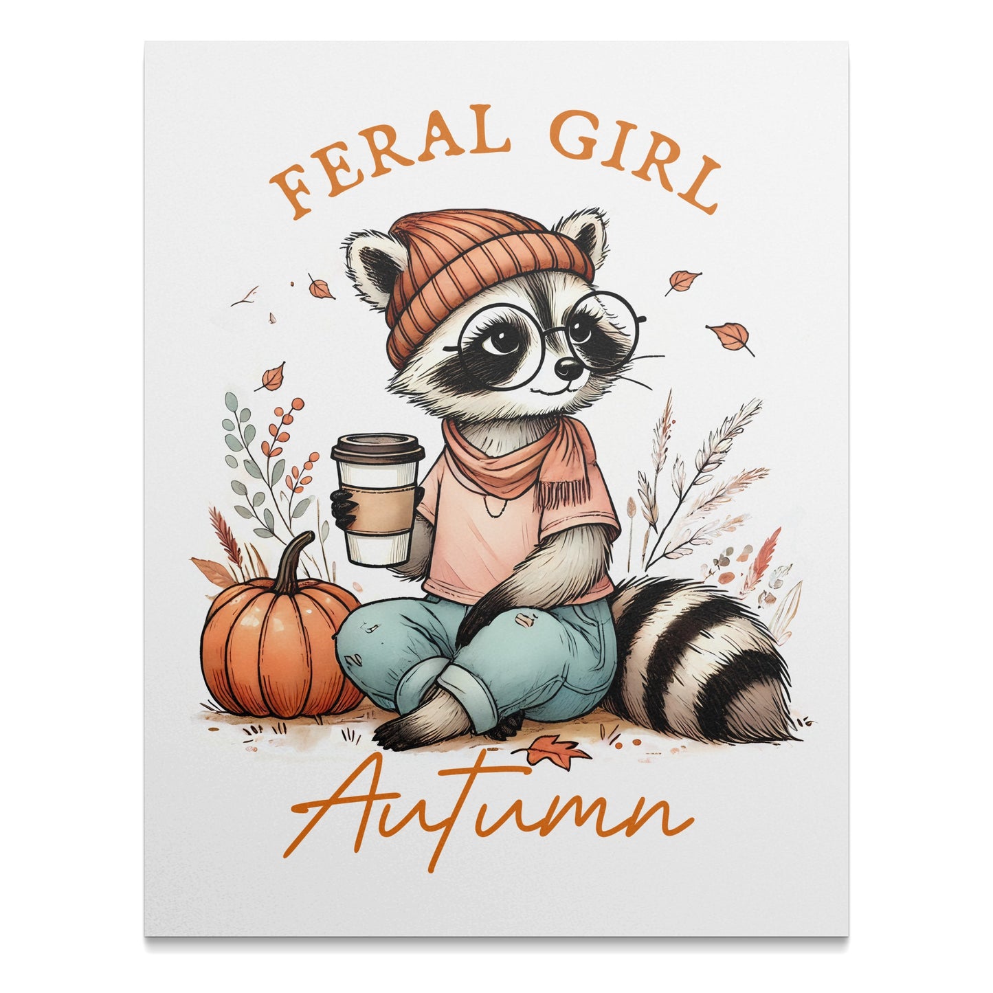 Feral Girl Autumn Raccoon with Coffee Art Print Product