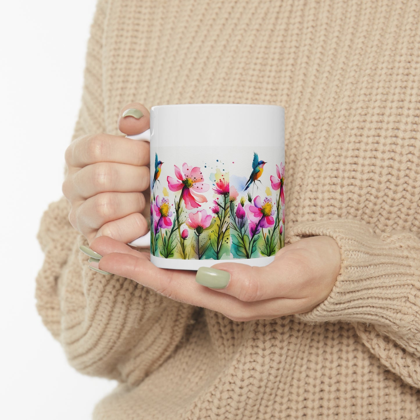 Floral Coffee Mug, Pressed Pink Watercolor Wildflowers Ceramic Mug 11oz, Coffee Mug Gift