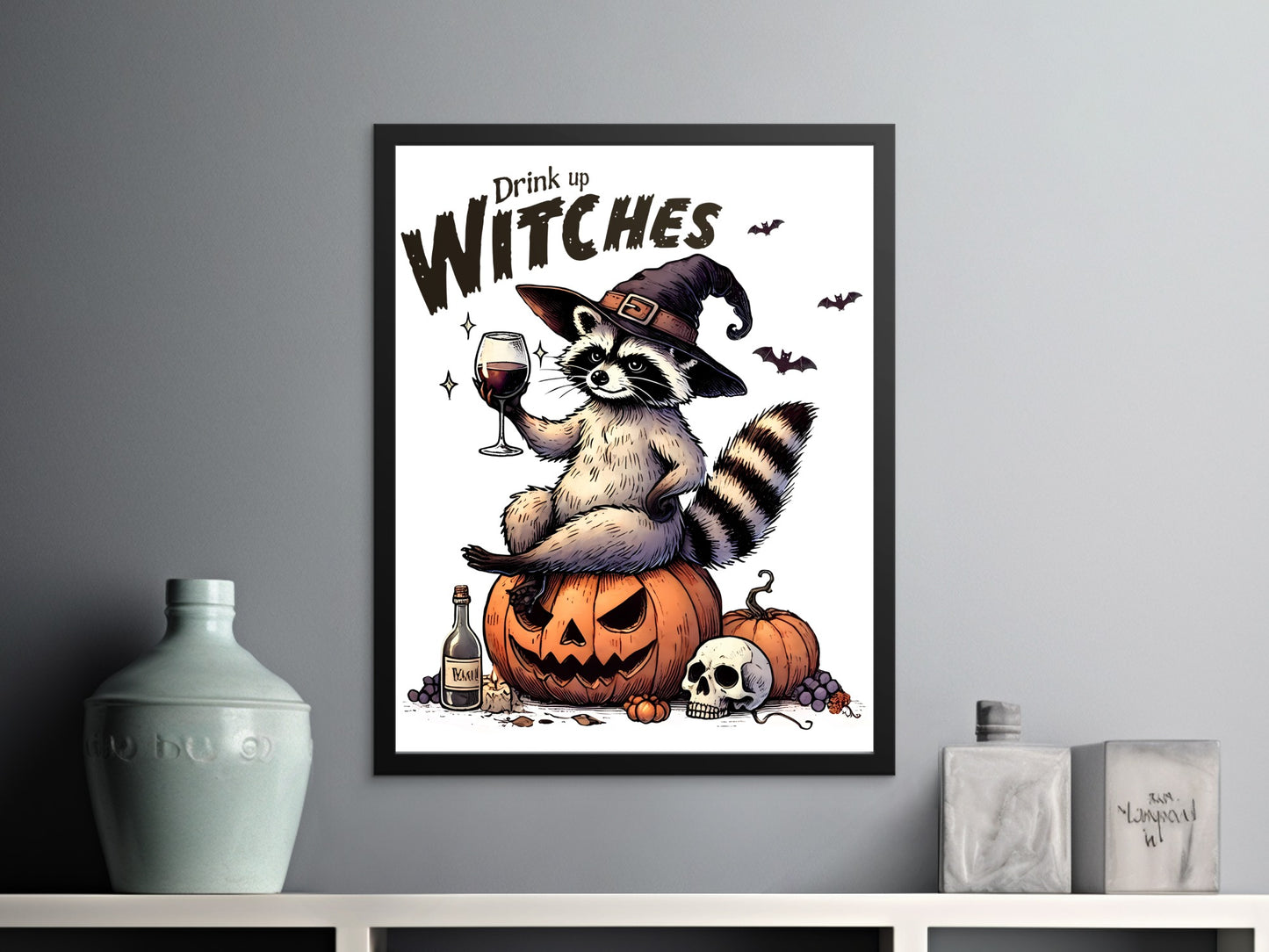 Halloween Raccoon Witch Drinking Wine Art Print product