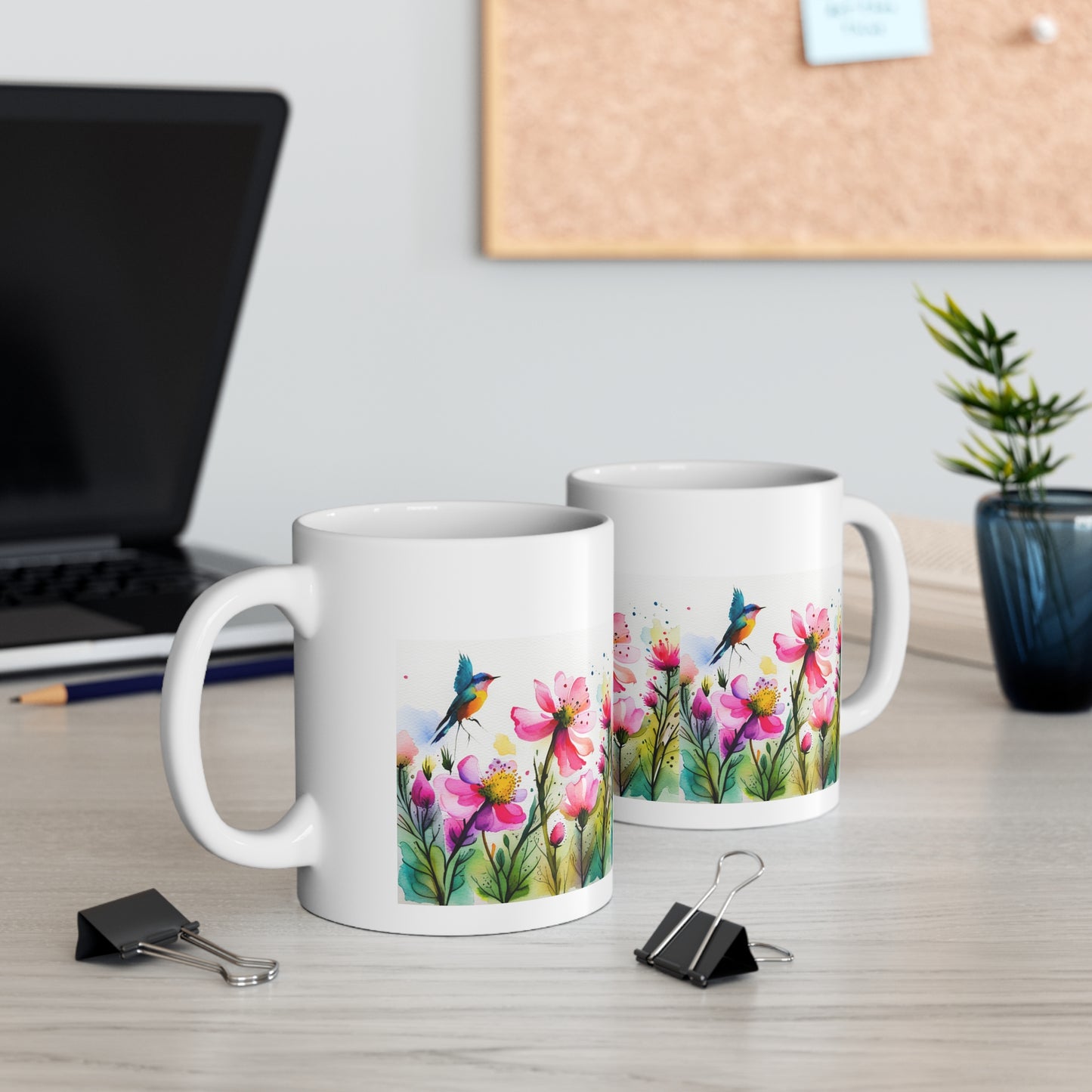 Floral Coffee Mug, Pressed Pink Watercolor Wildflowers Ceramic Mug 11oz, Coffee Mug Gift