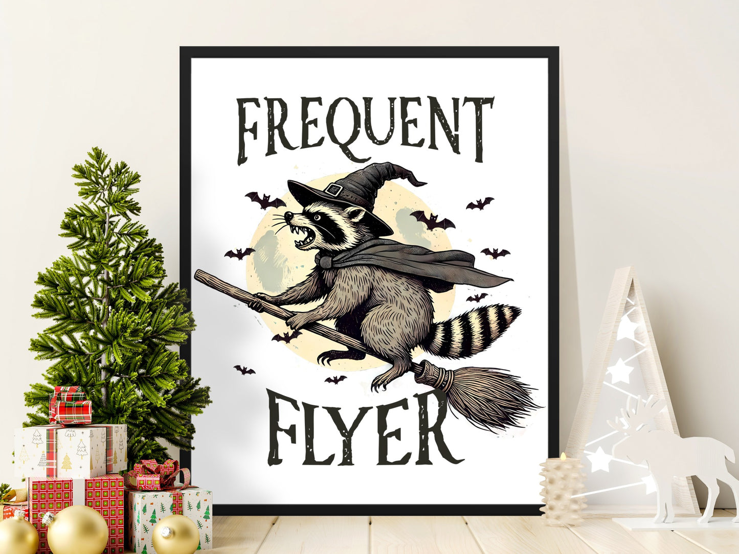 Frequent Flyer Raccoon Witch Broomstick Wall Art product