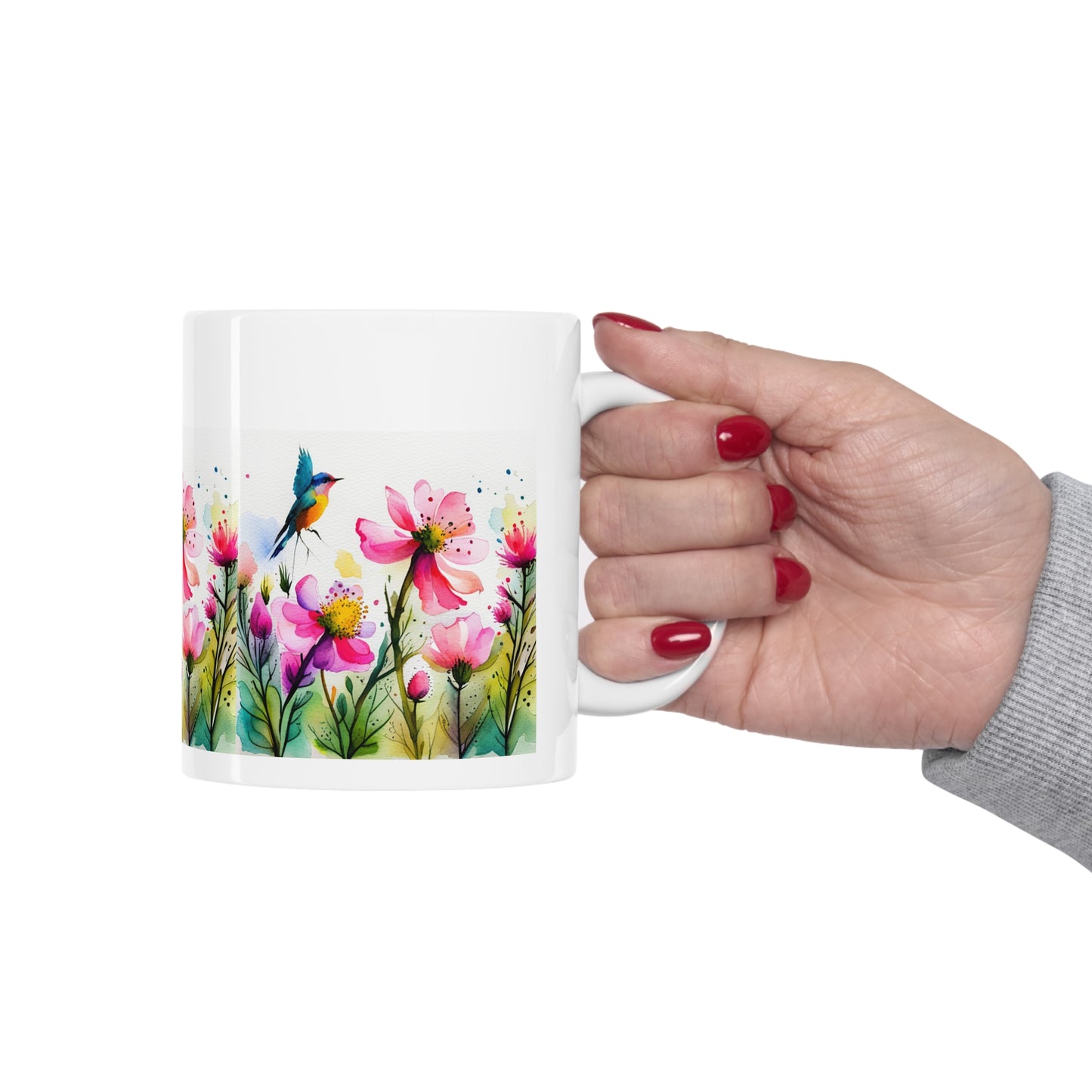 Floral Coffee Mug, Pressed Pink Watercolor Wildflowers Ceramic Mug 11oz,