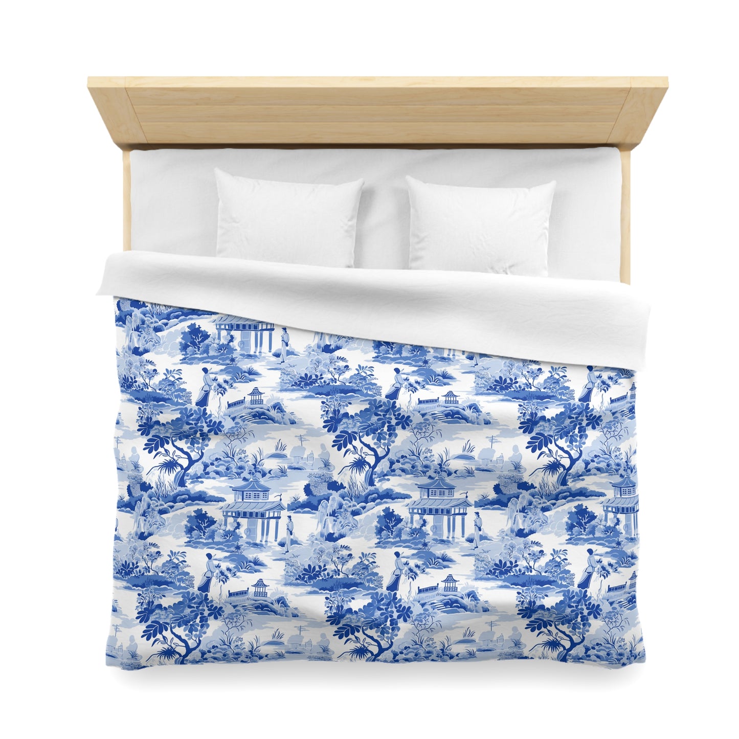 Blue Chinoiserie Duvet Cover, French Toile Bedding, Microfiber Bedspread, Bedroom Decor, Home Textile