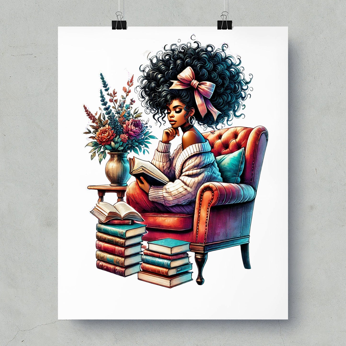 Curly Haired Woman Reads Books in Cozy Chair Poster Product