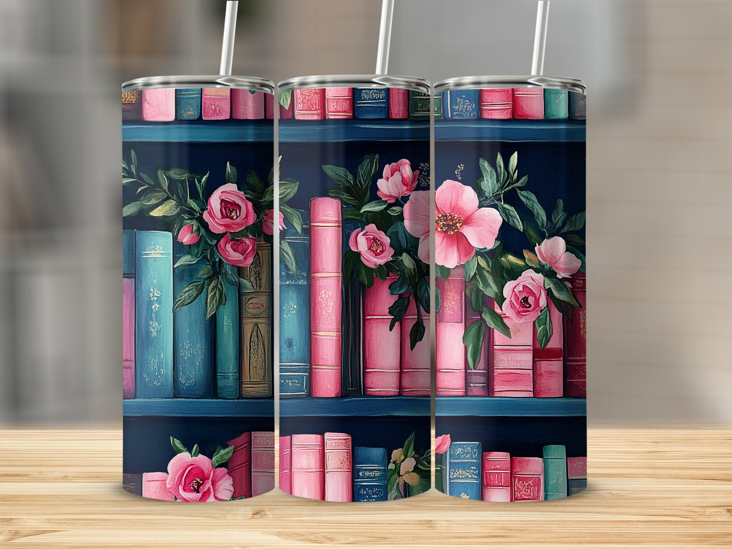 Floral Bookshelf Design Tumbler Cup Unique Product