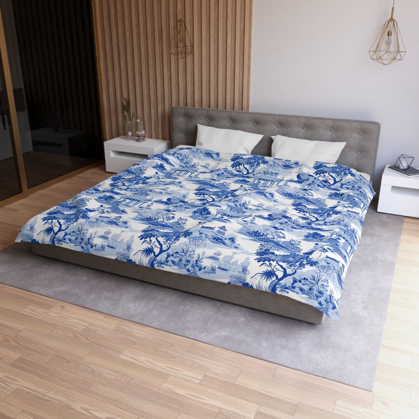 Blue Chinoiserie Duvet Cover, French Toile Bedding, Microfiber Bedspread, Bedroom Decor, Home Textile