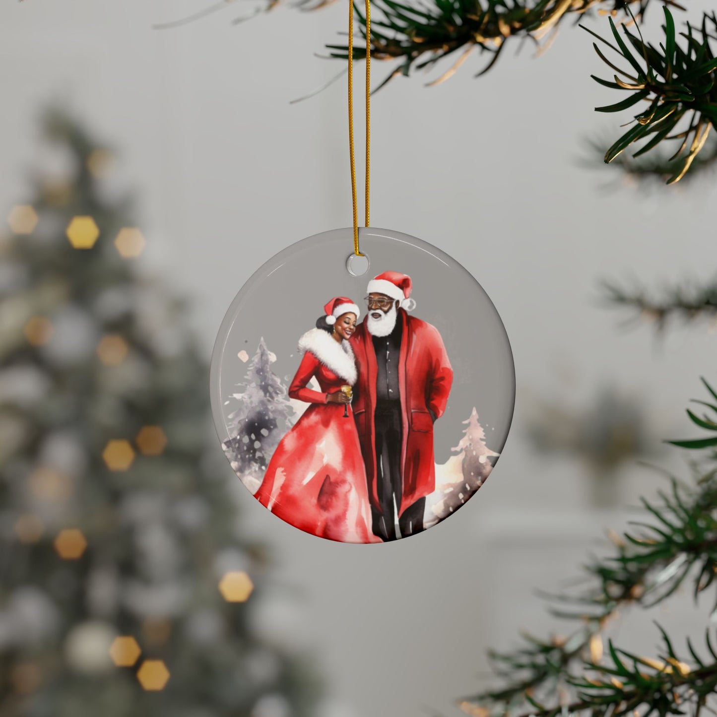 Christmas Ceramic Ornament Set - Black Santa and Mrs Claus, 2-Side Print-African American Decor