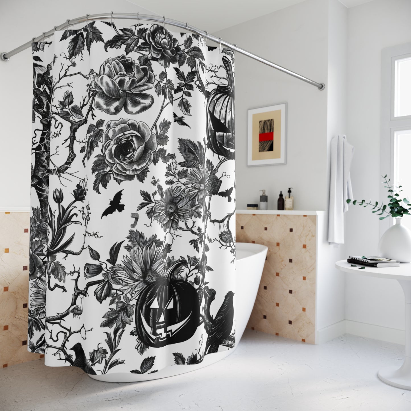 Floral Halloween Pumpkins and Bats Shower Curtain product