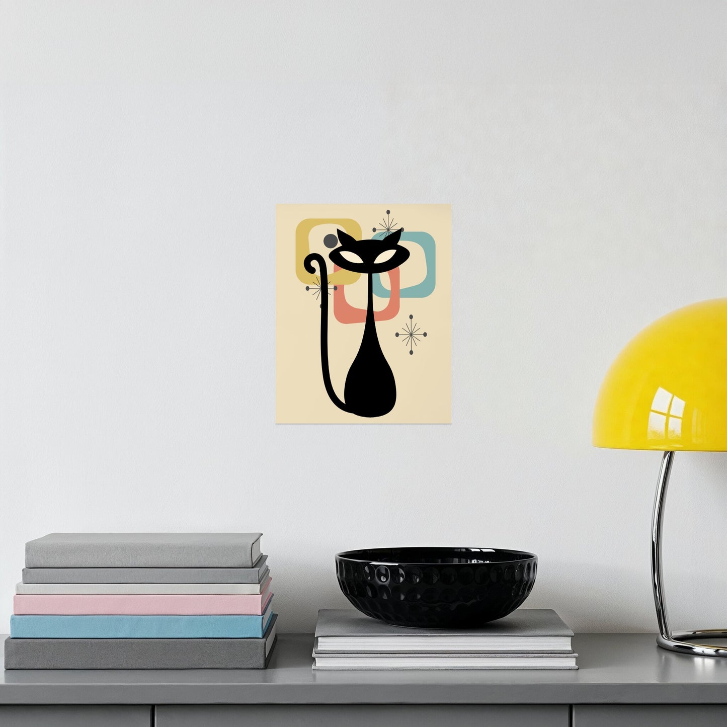 Black Cat with Retro Shapes Print Wall Art product