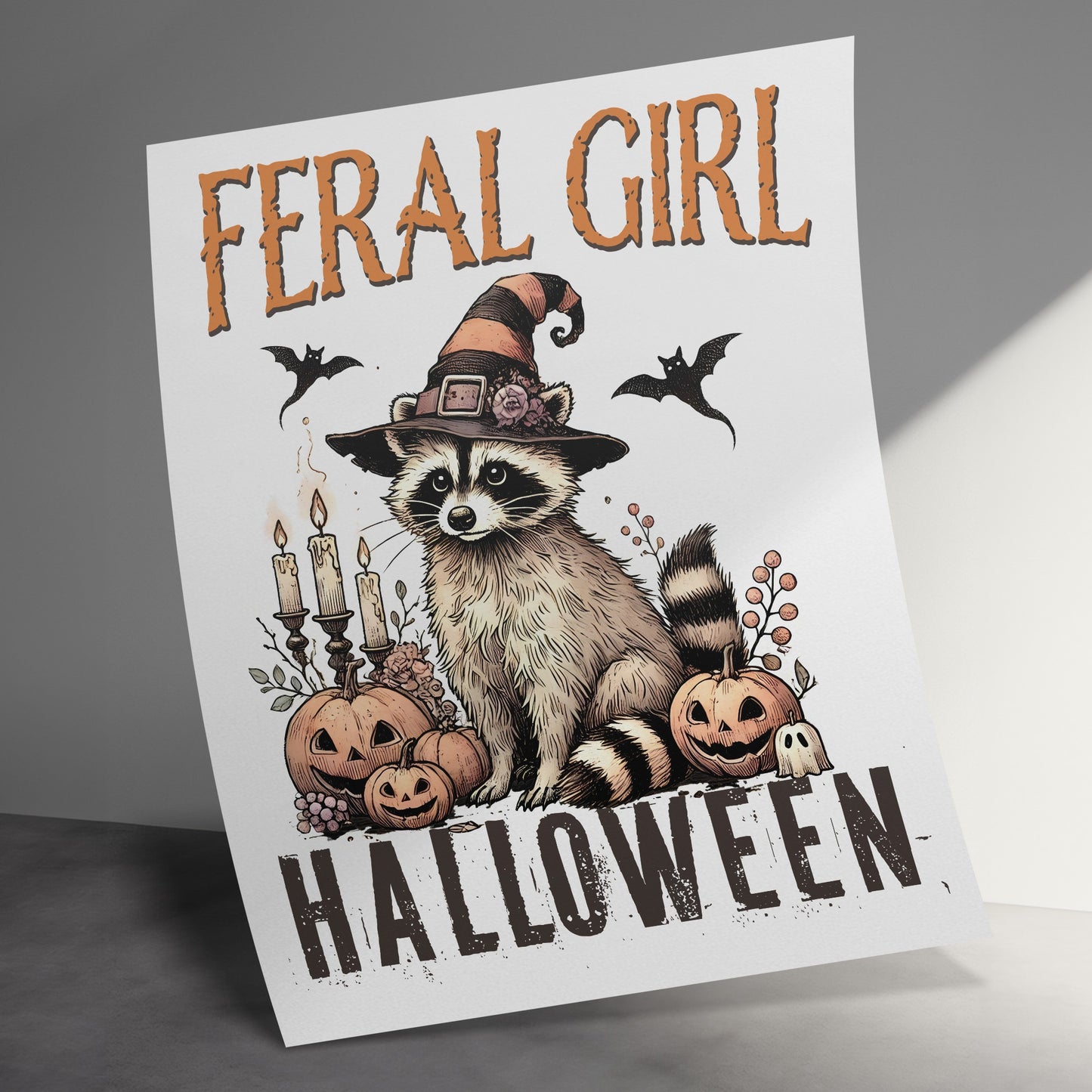 Feral Girl Halloween Poster with Witch Hat and Pumpkins product