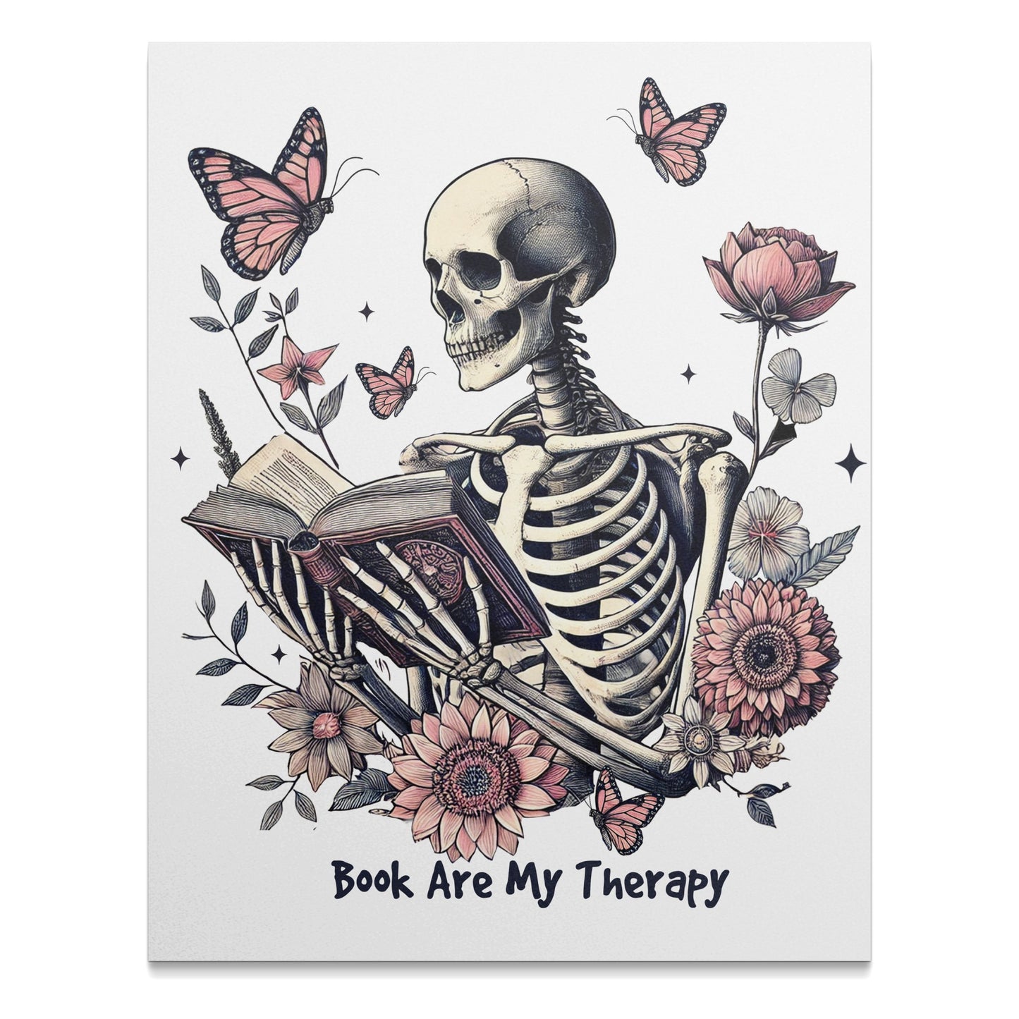 Skeleton Reading with Butterflies Art Print product type